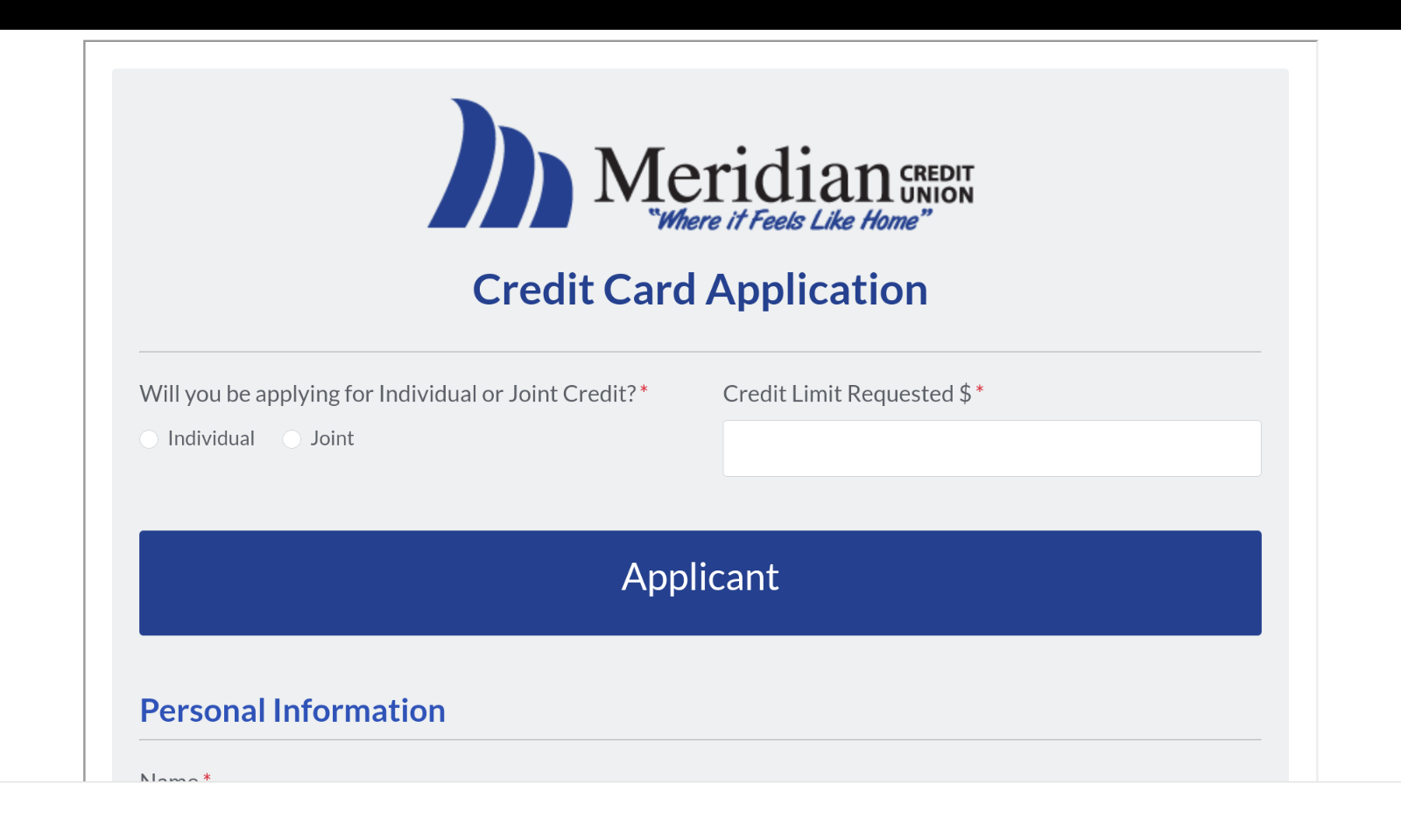 Meridiancu credit card application