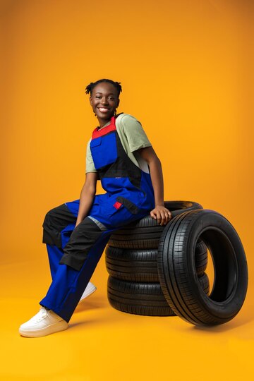 portrait smiling black female mechanic posing with new car tyres studio 93675 137978