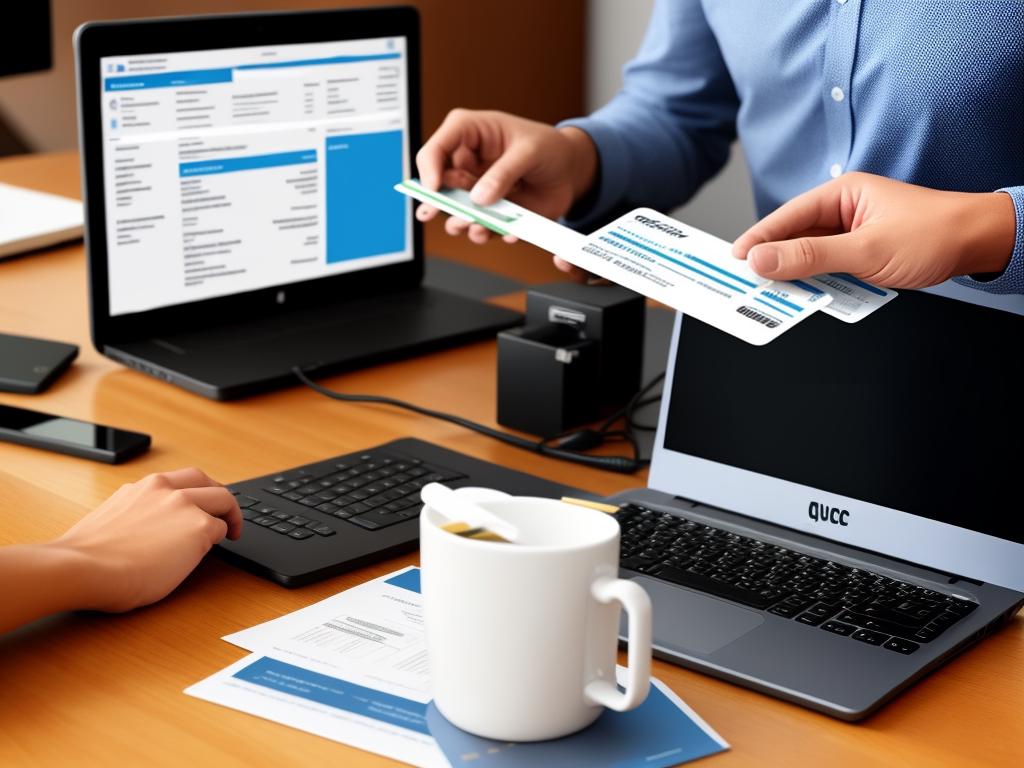 A person organizing credit card statements and using QuickBooks on a computer.