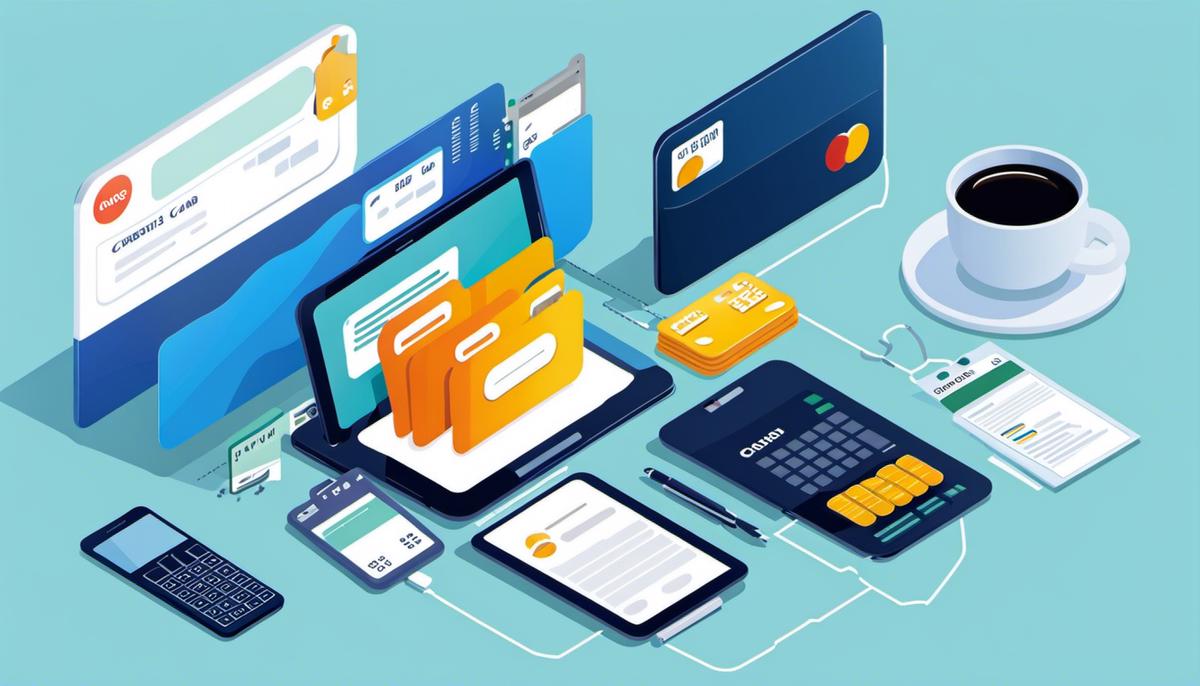 Illustration of a credit card processing service with a laptop, credit card, and transactions represented visually.