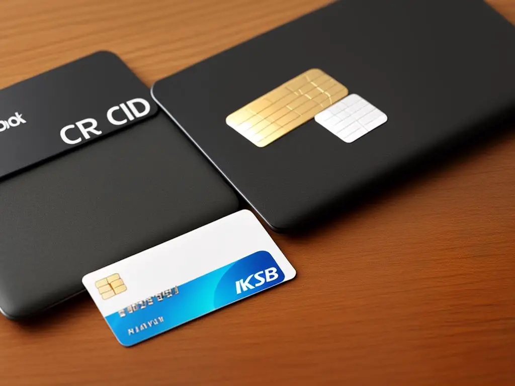 A credit card resting on a desk with a laptop and pen nearby
