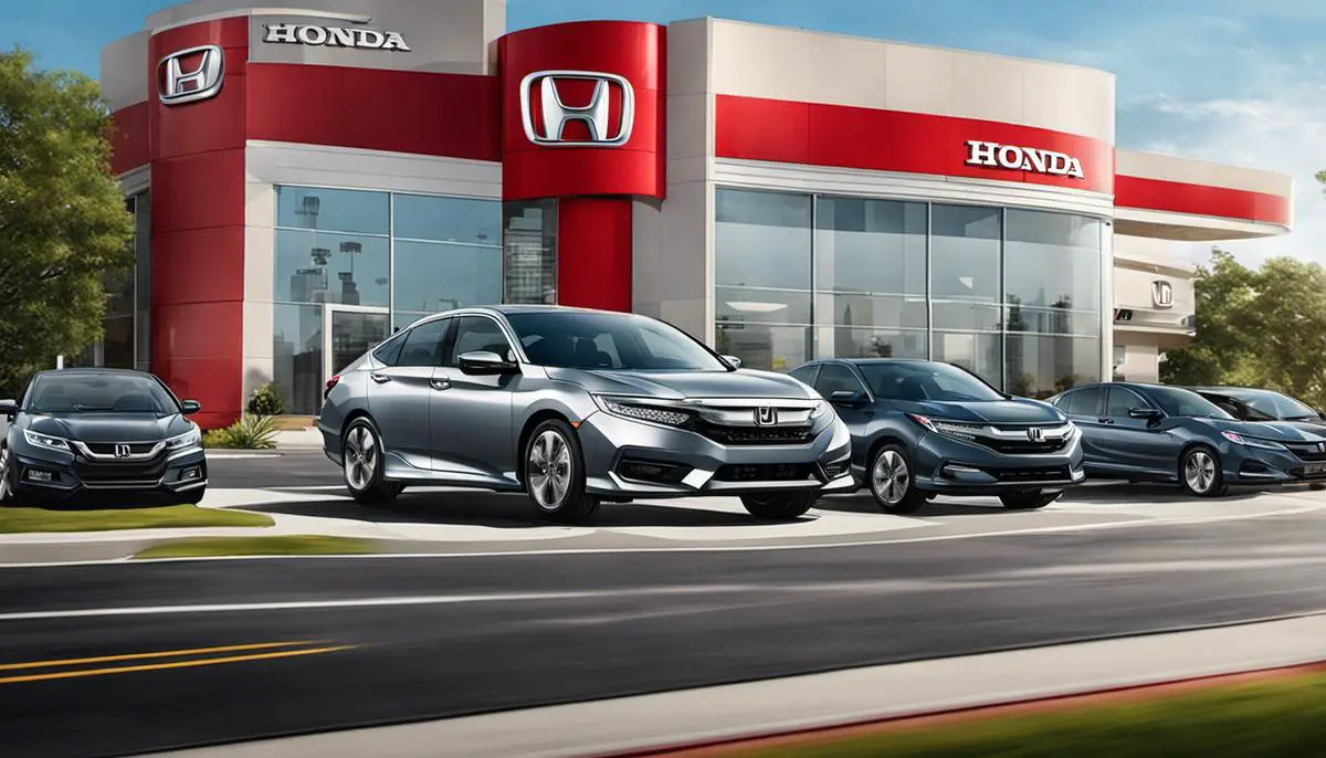 Illustration of a Honda Credit Card, depicting the card design and logo, with a background of a Honda dealership showroom.